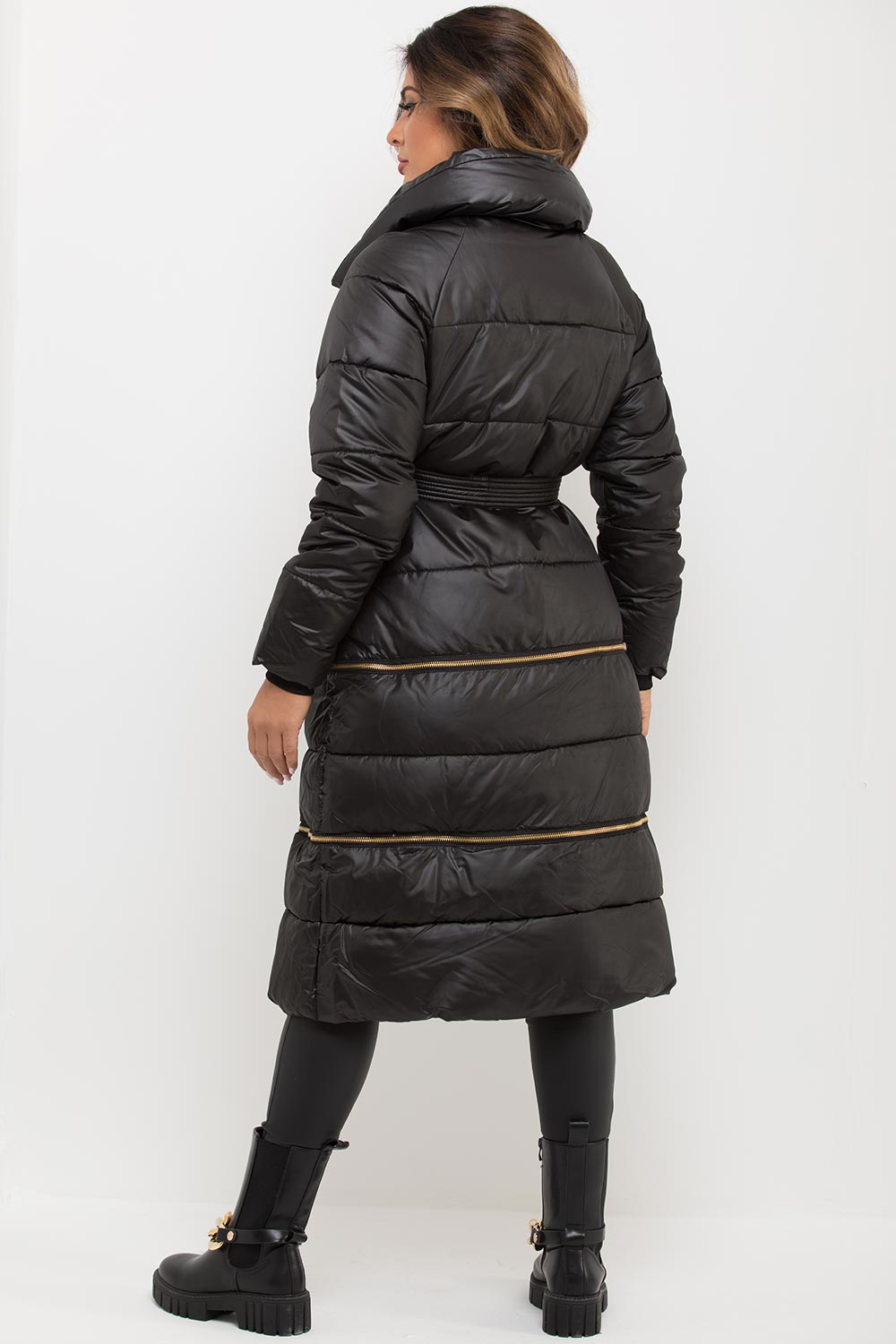 Black Longline Puffer Coat With Gold Buttons