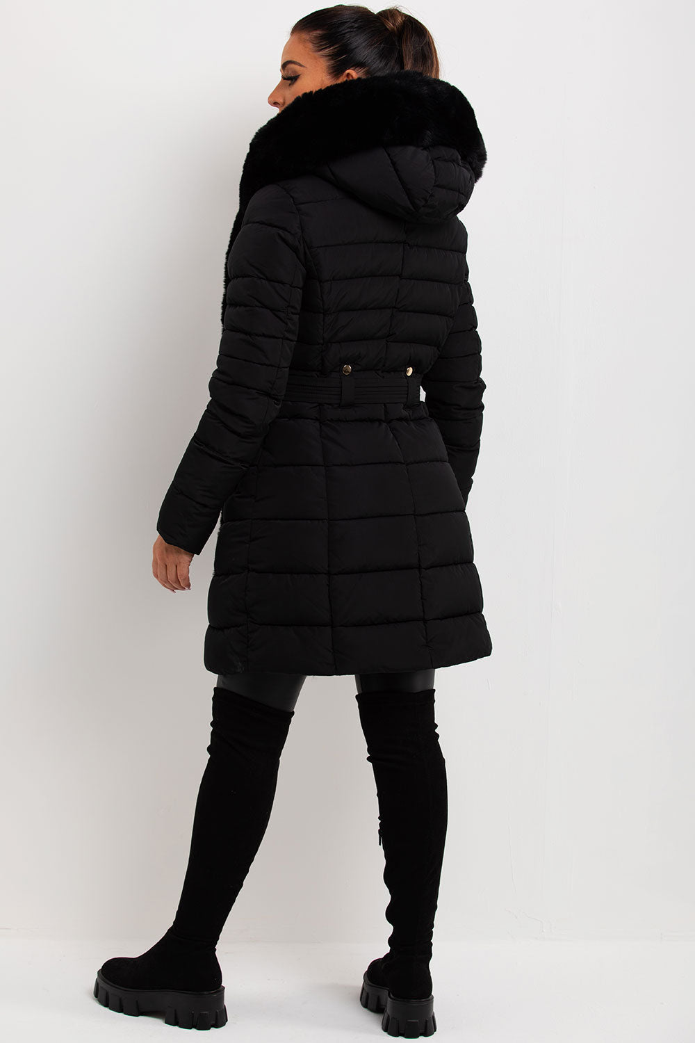 Puffer Padded Coat With Faux Fur Hood Black