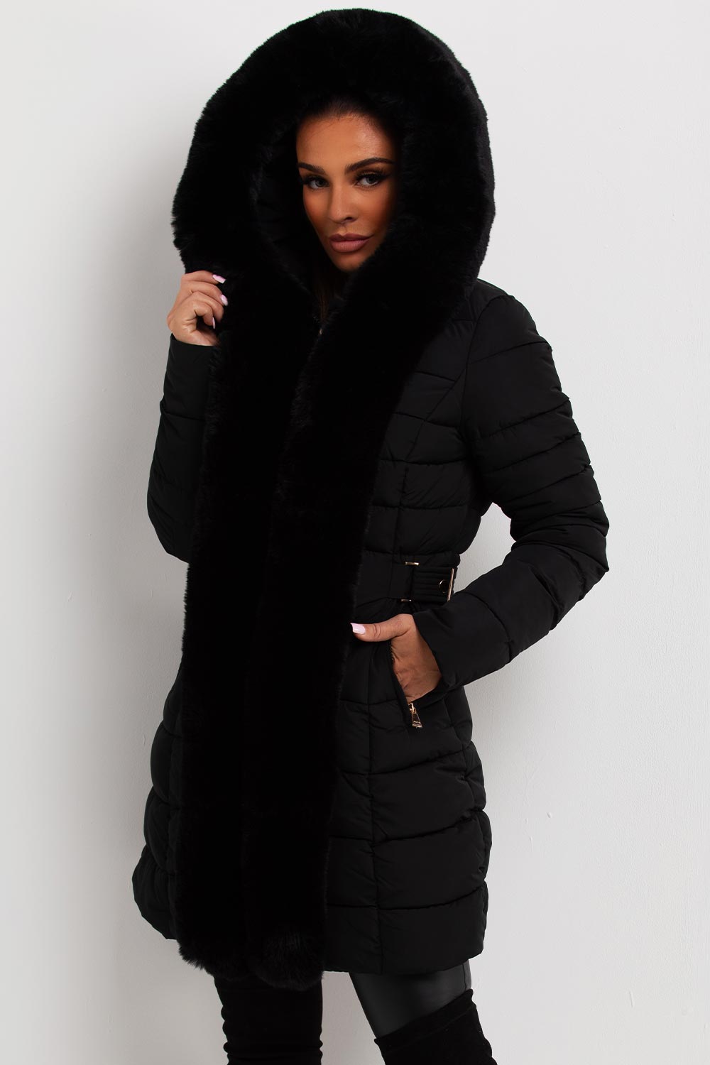 Puffer Padded Coat With Faux Fur Hood Black