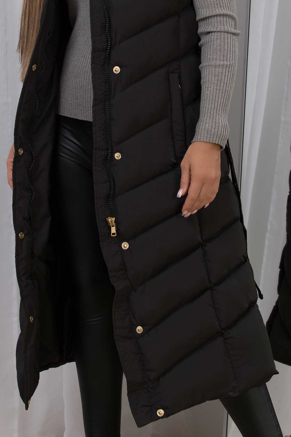 Long Gilet With Belt And Hood Black