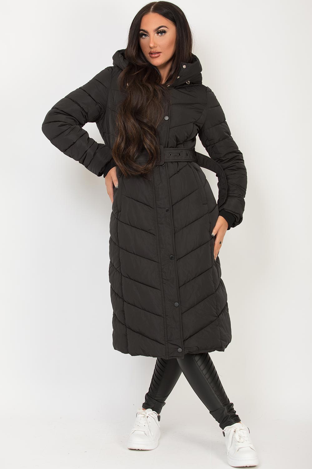 Long Padded Puffer Coat With Belt Black