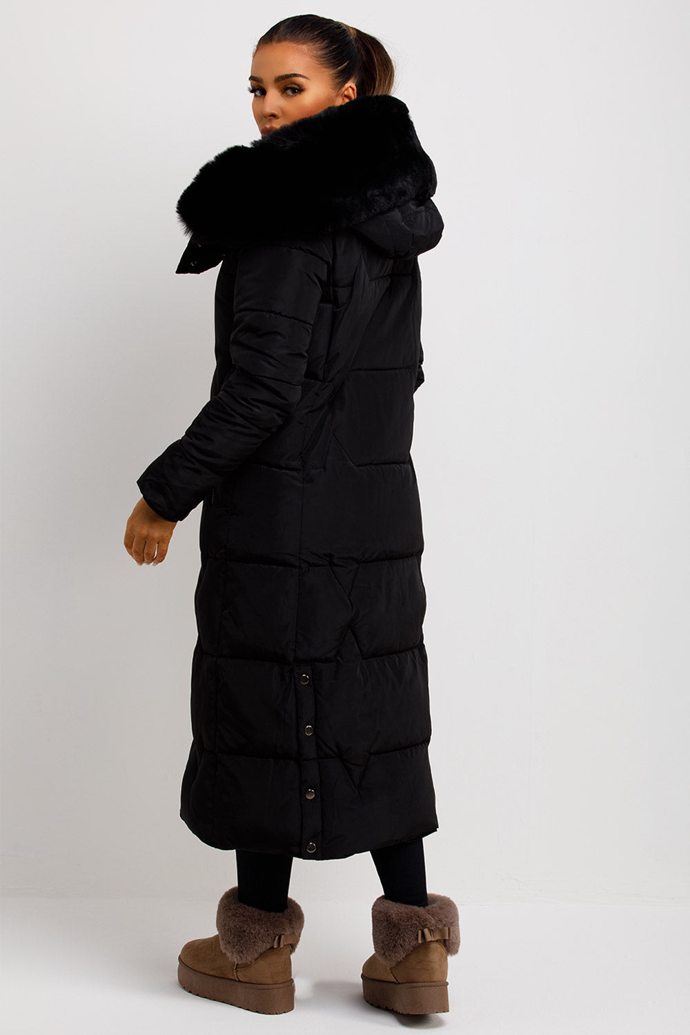 Long Puffer Padded Coat With Faux Fur Hood Black