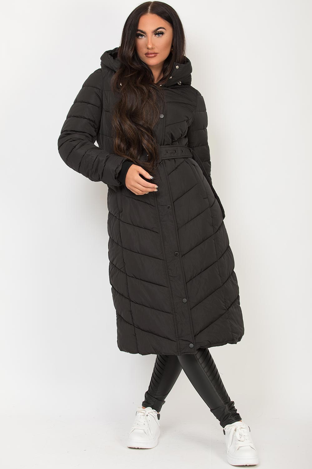 Long Padded Puffer Coat With Belt Black