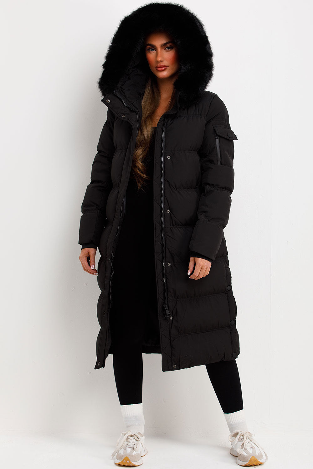 Long Puffer Coat With Fur Hood Black