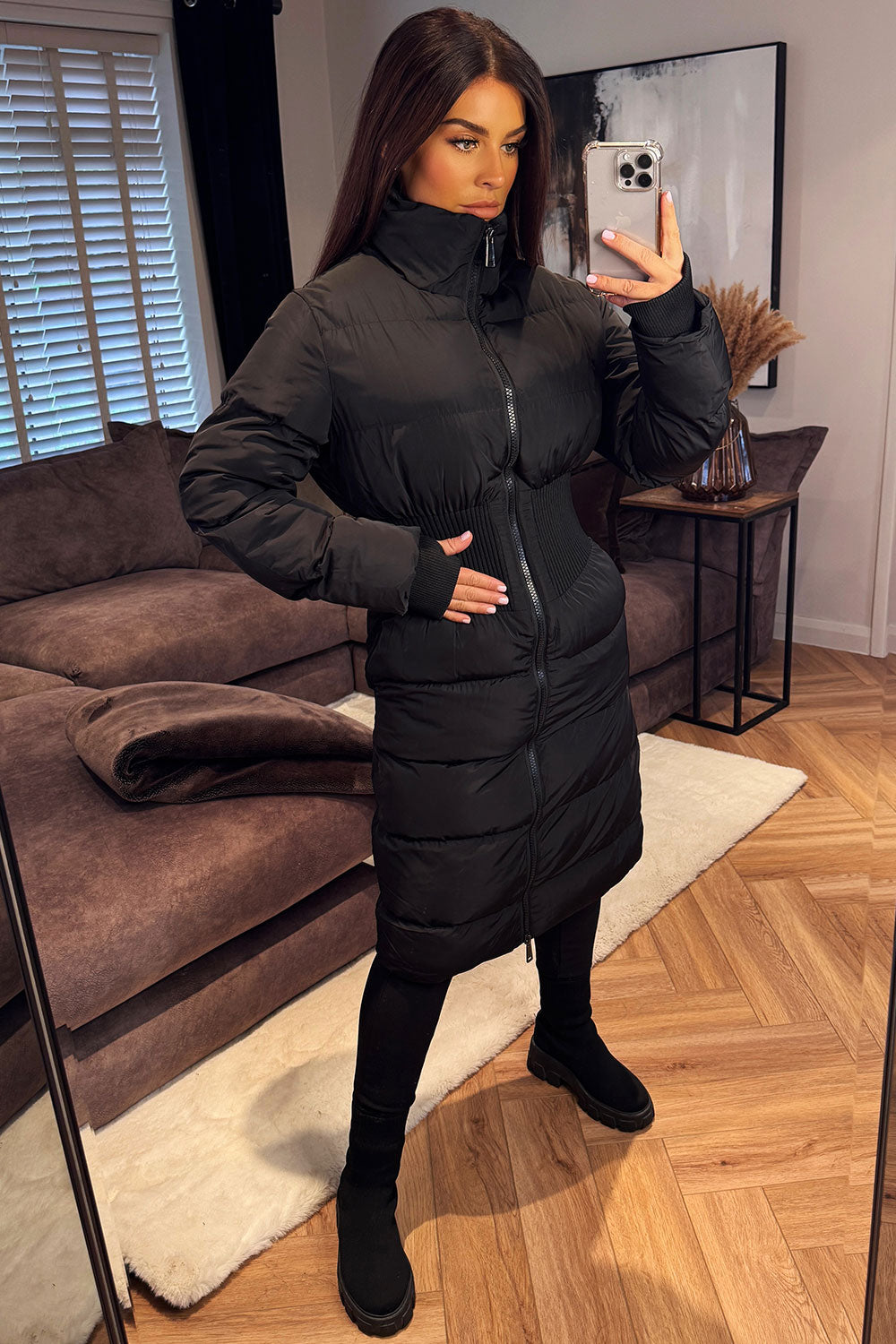 Puffer Padded Winter Coat With Contour Structured Detail Black