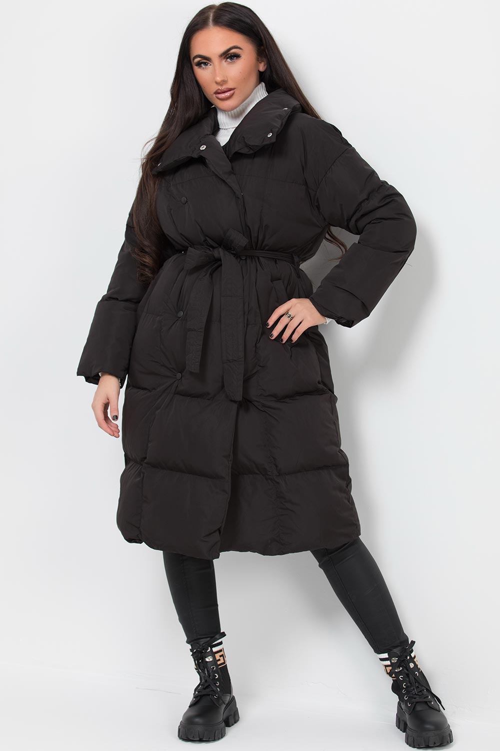 Long Duvet Puffer Coat With Waist Belt Black