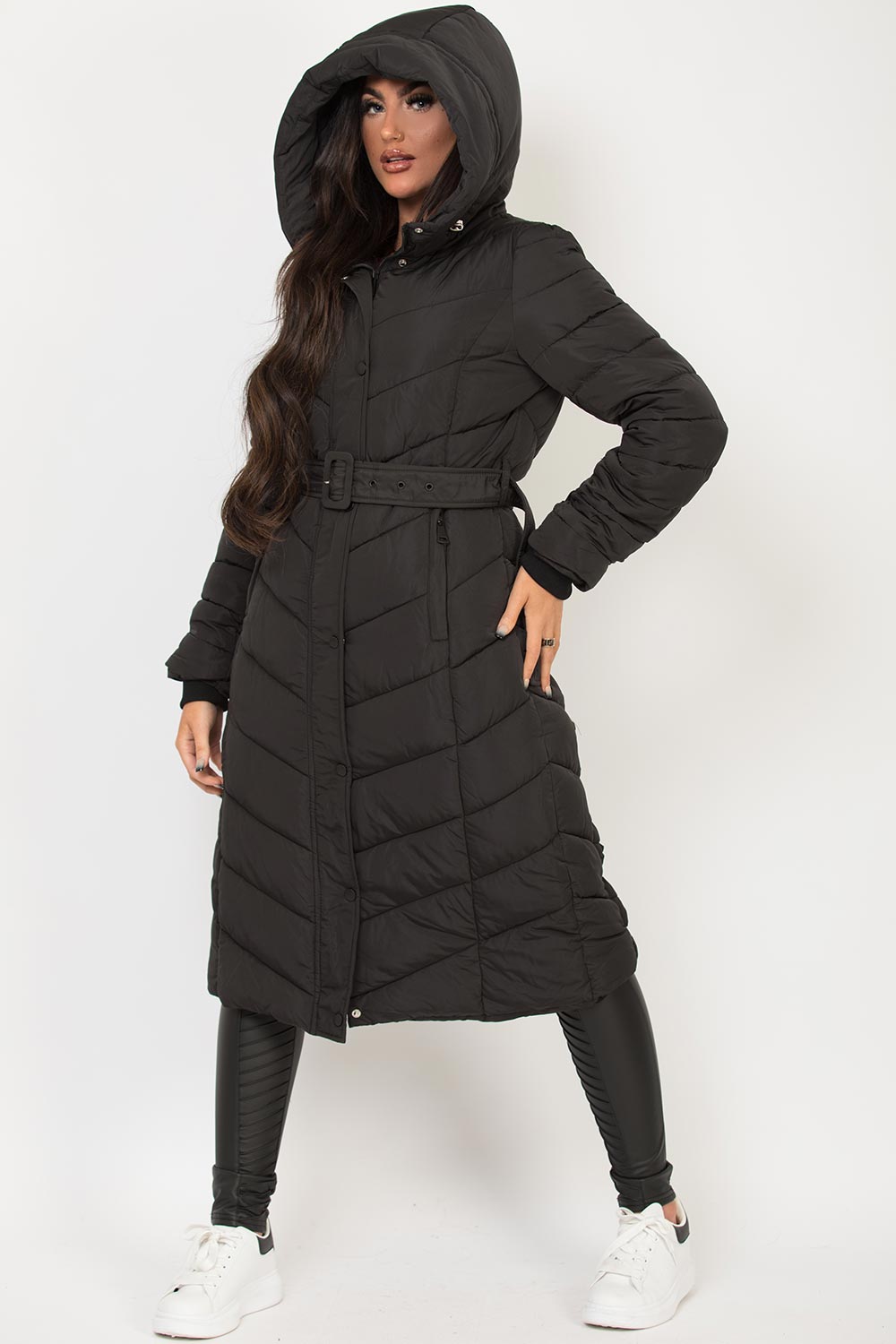 Long Padded Puffer Coat With Belt Black