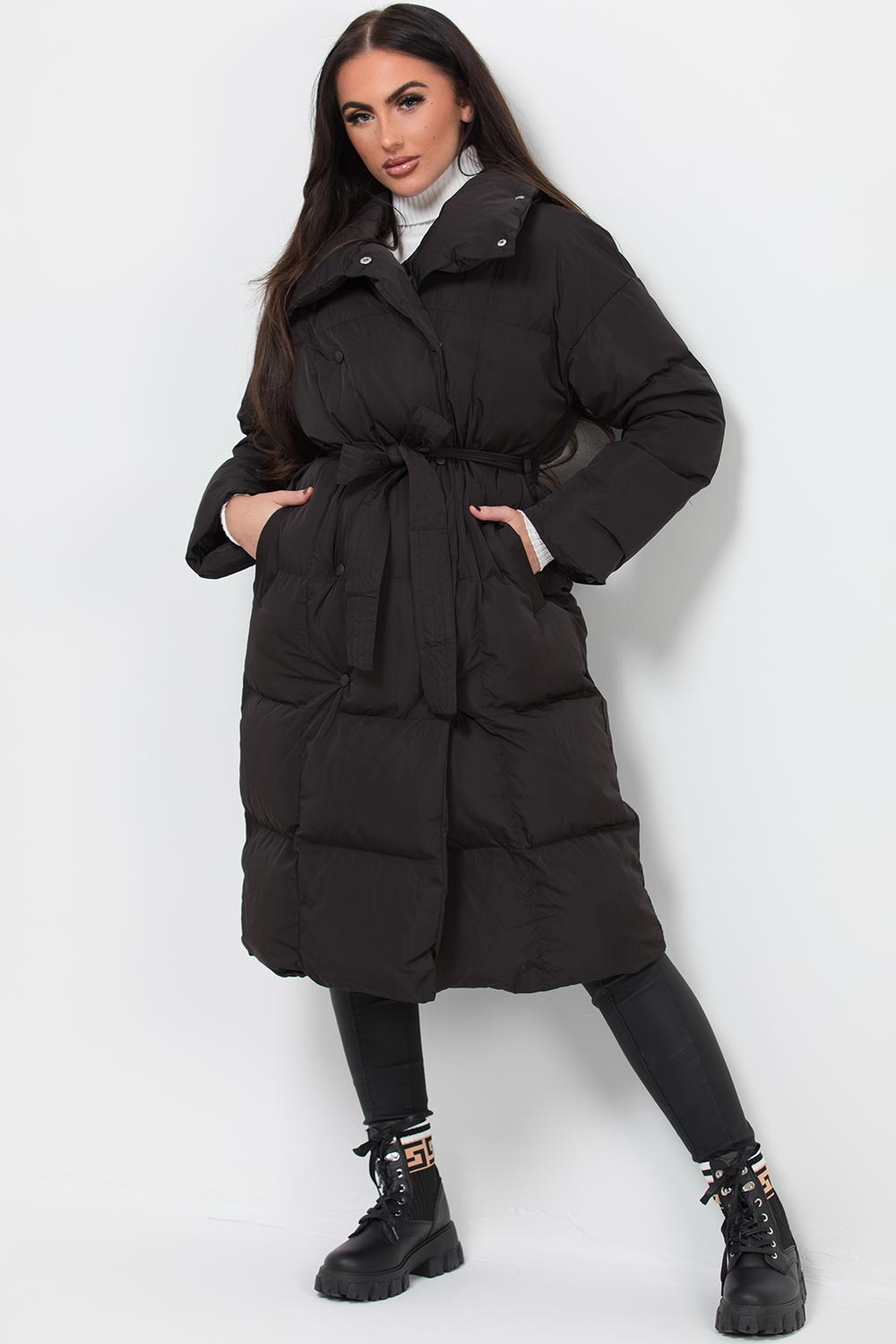 Long Duvet Puffer Coat With Waist Belt Black