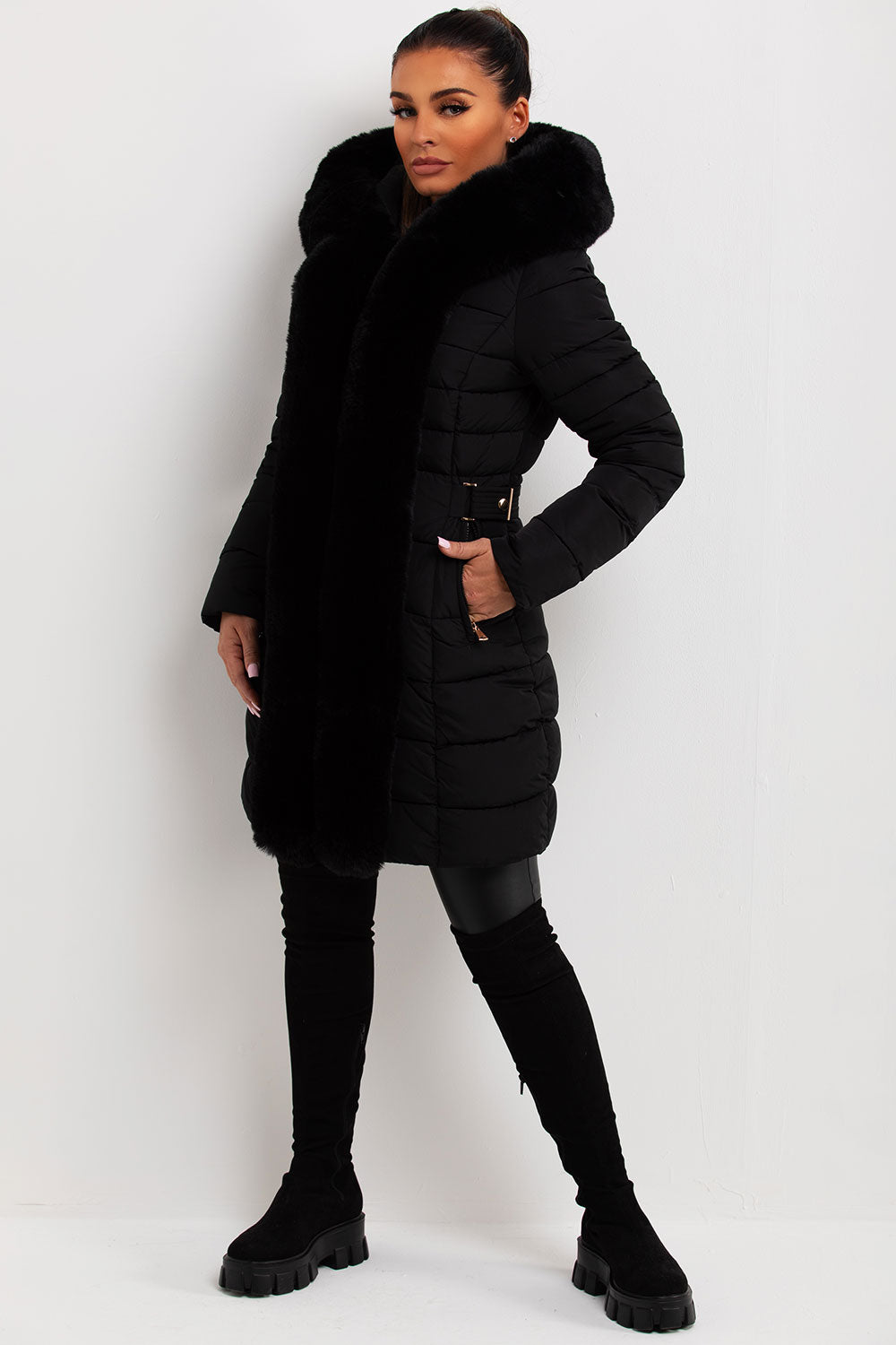 Puffer Padded Coat With Faux Fur Hood Black