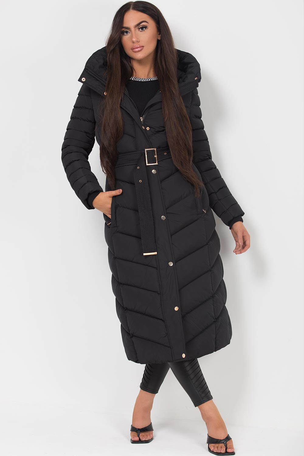 Long Puffer Down Coat With Belt Black