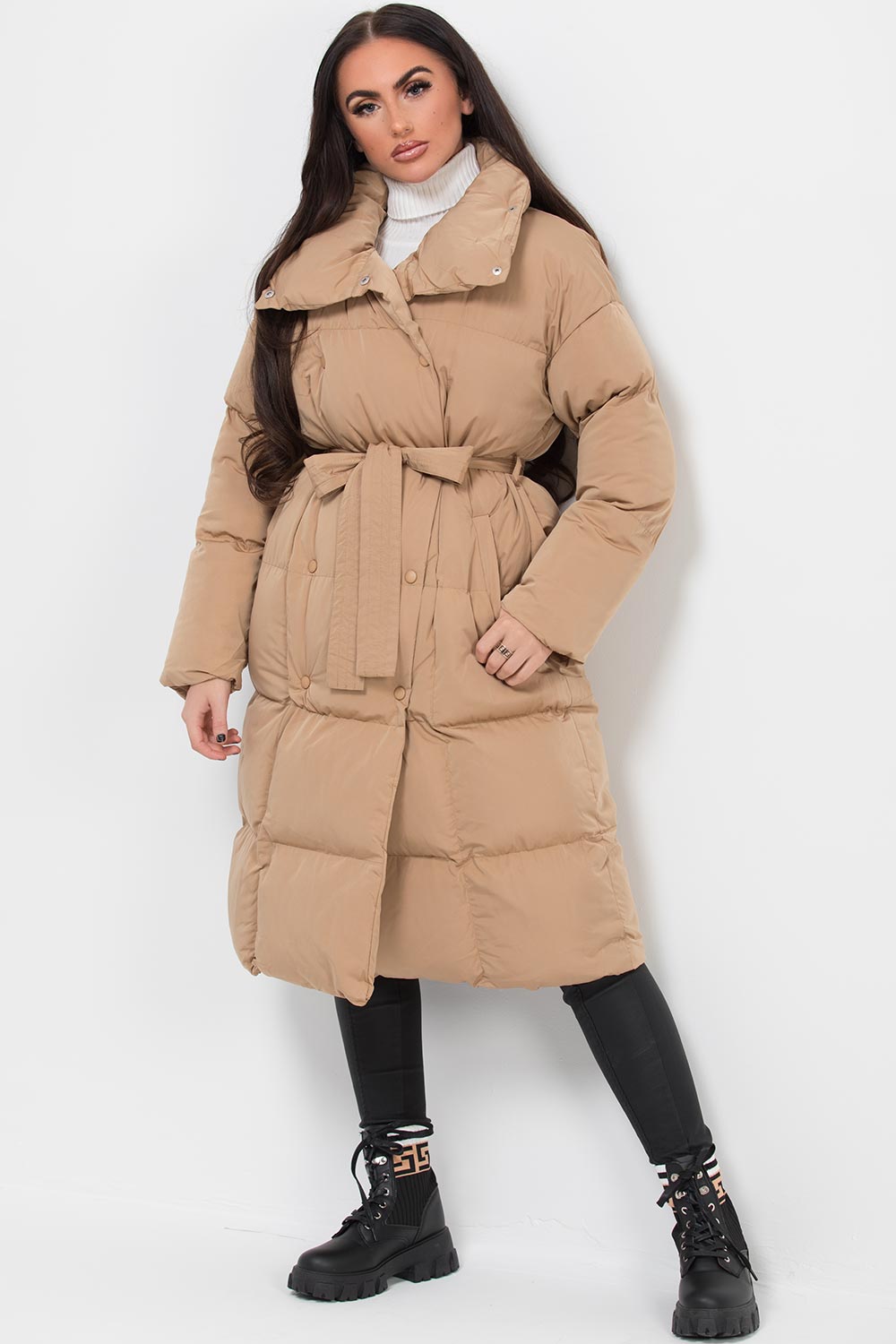 Long Duvet Puffer Coat With Waist Belt Camel