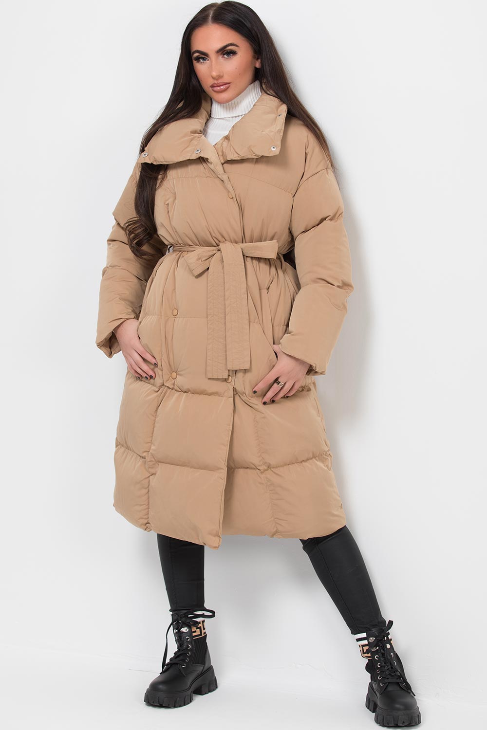 Long Duvet Puffer Coat With Waist Belt Camel