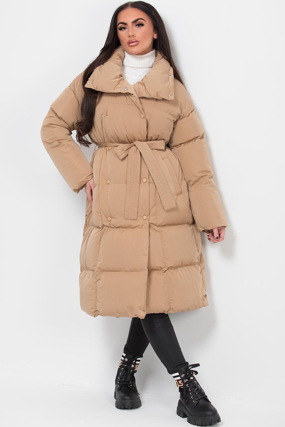 Long Duvet Puffer Coat With Waist Belt Camel