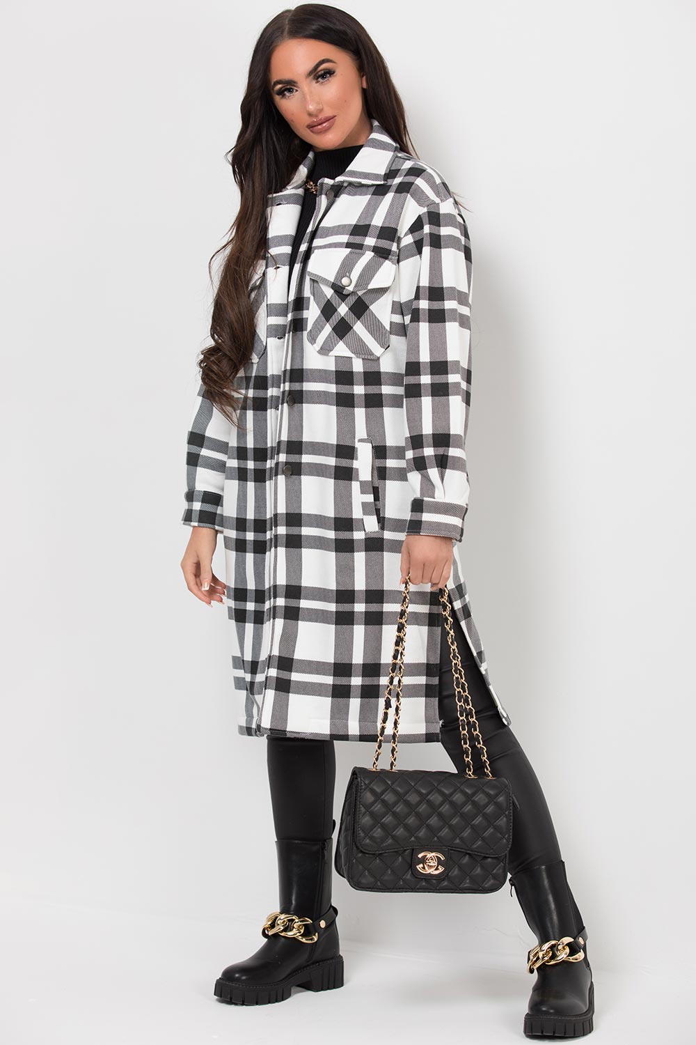 Long Check Shacket Black & White