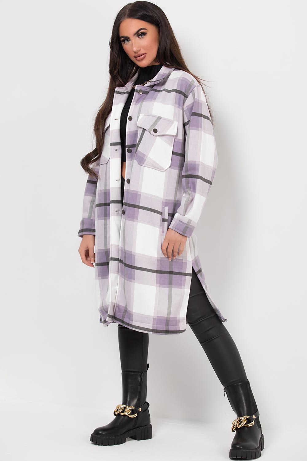 Longline Check Shacket Purple