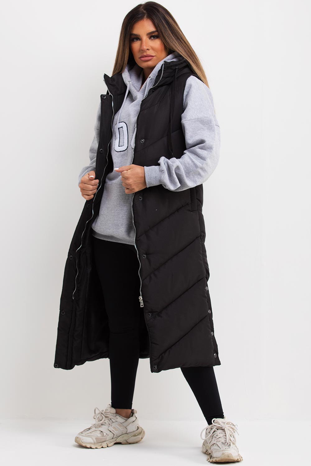 Black Long Gilet With Chevron Padded Style