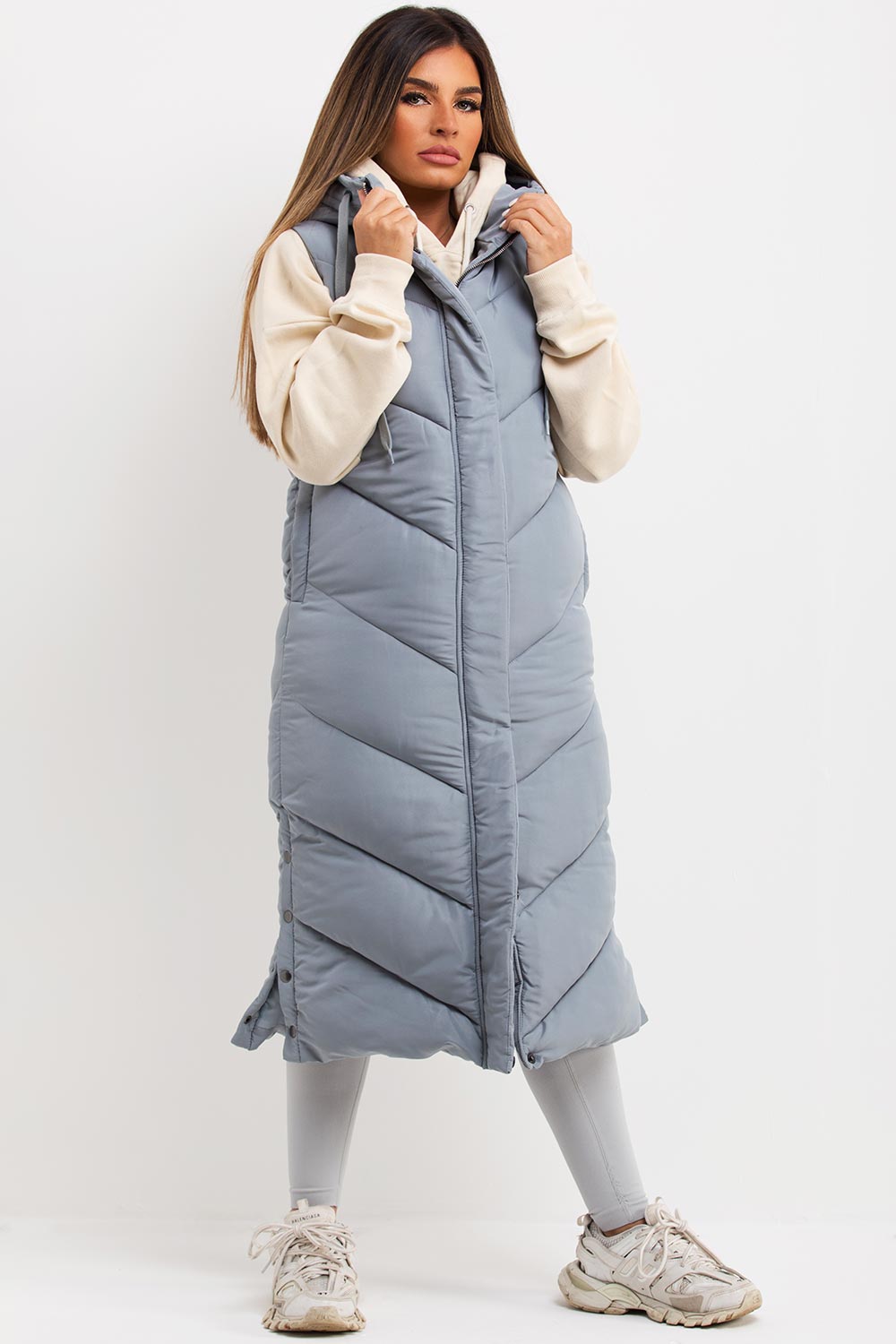 Grey Long Gilet With Chevron Padded Style