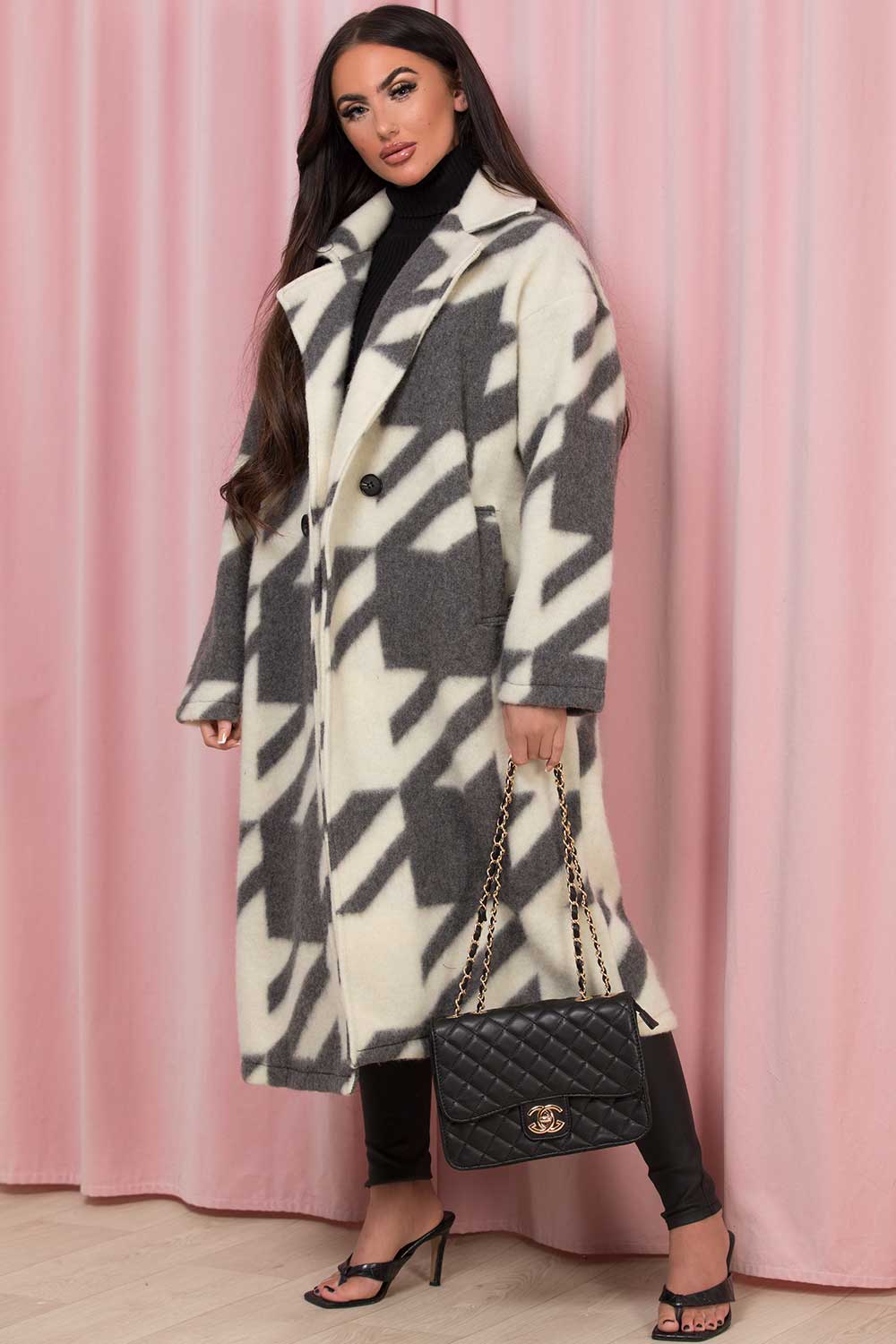 Grey Long Coat Dogtooth Print