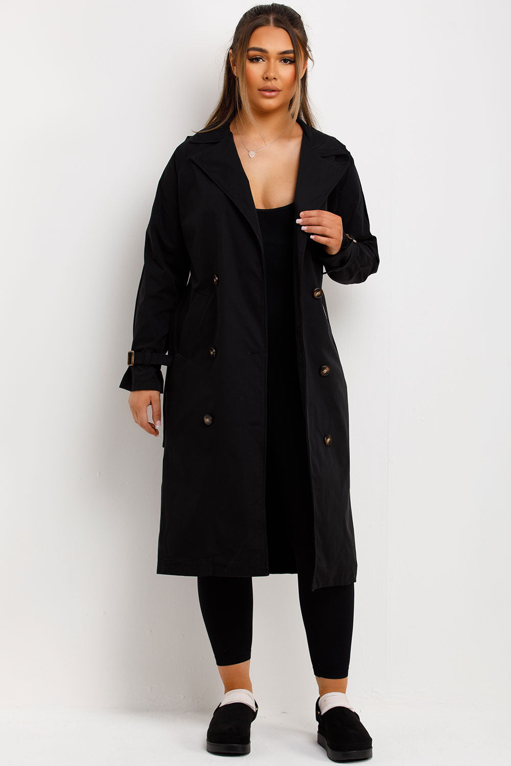 Trench Coat With Waist Belt Black