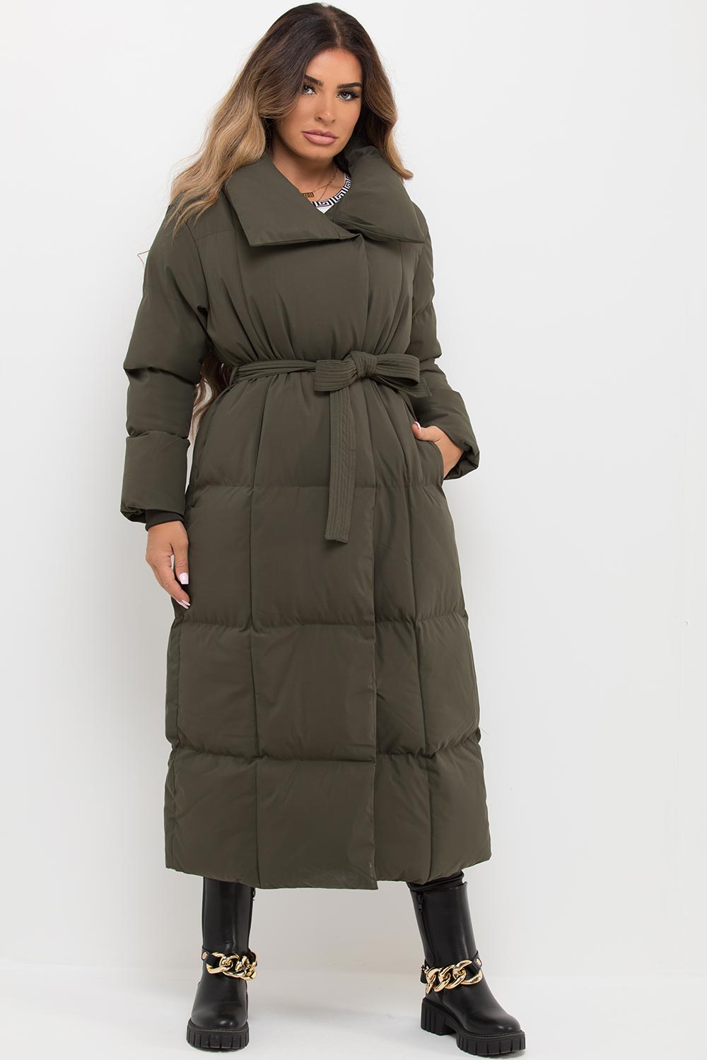 Longline Duvet Puffer Coat Khaki