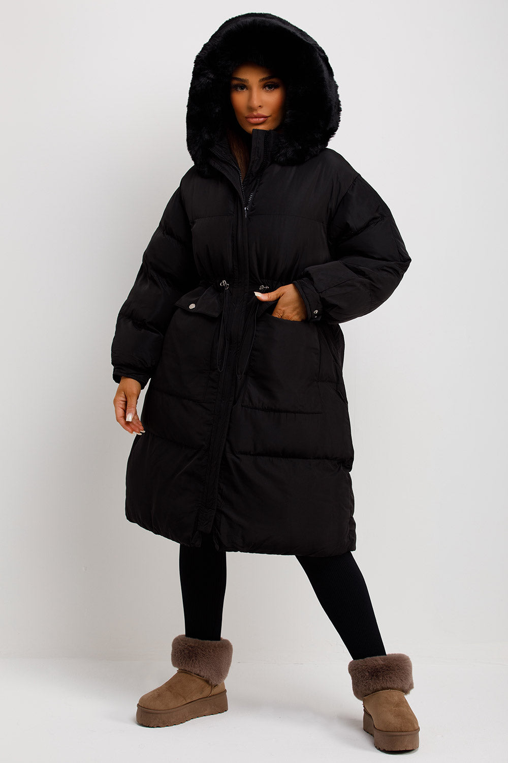 Long Black Puffer Coat With Faux Fur Hood And Drawstring Waist