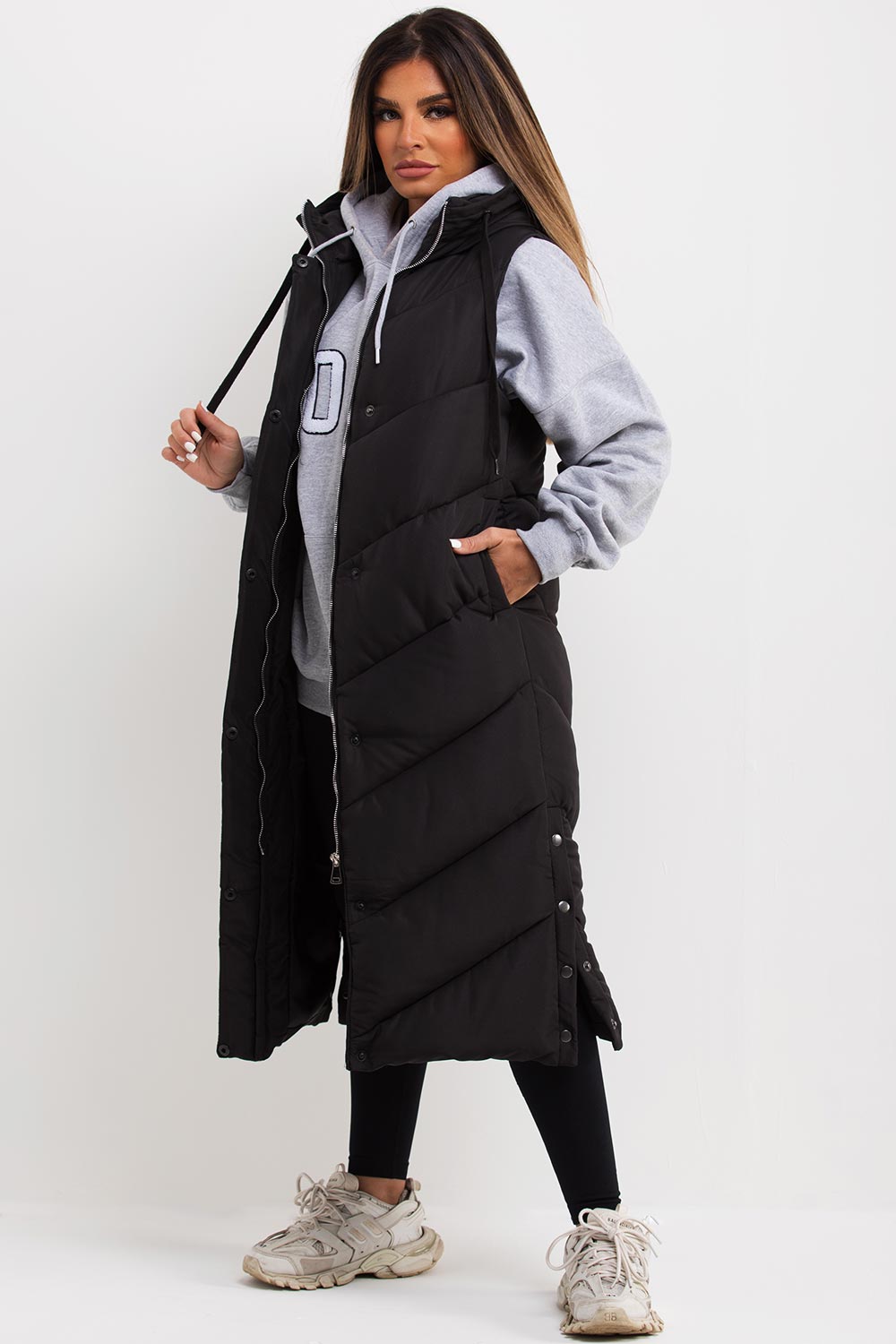 Black Long Gilet With Chevron Padded Style