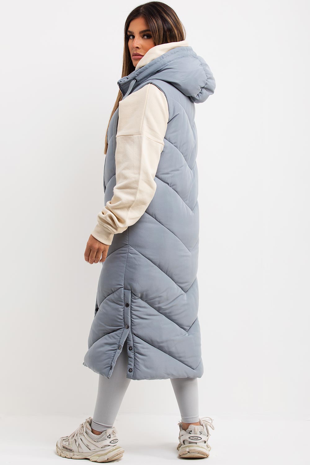 Grey Long Gilet With Chevron Padded Style