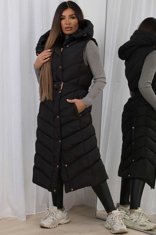 Long Gilet With Belt And Hood Black