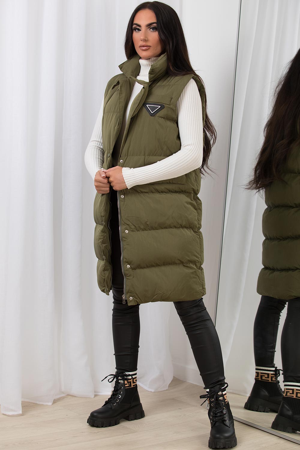 Khaki Long Puffer Gilet With Lapel Collar & Belt