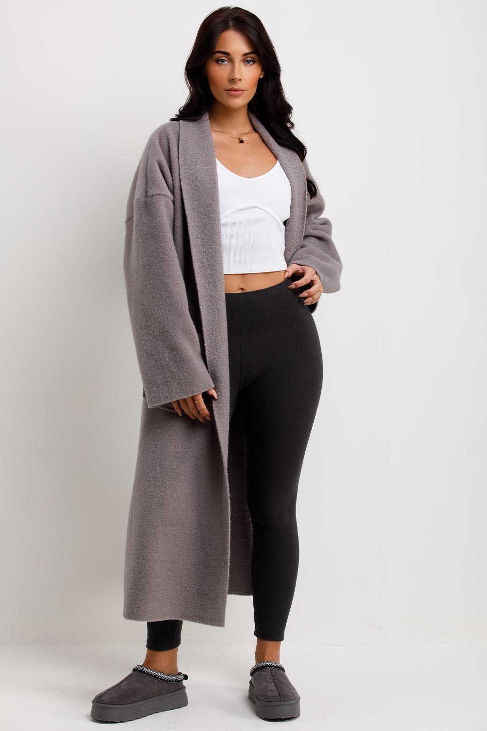 Longline Oversized Wool Look Coat With Pockets Grey