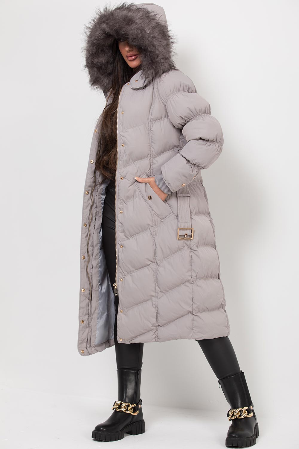 Long Puffer Coat With Fur Hood And Belt Grey