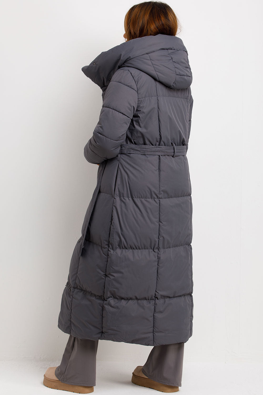 Long Puffer Coat With Hood And Belt Grey