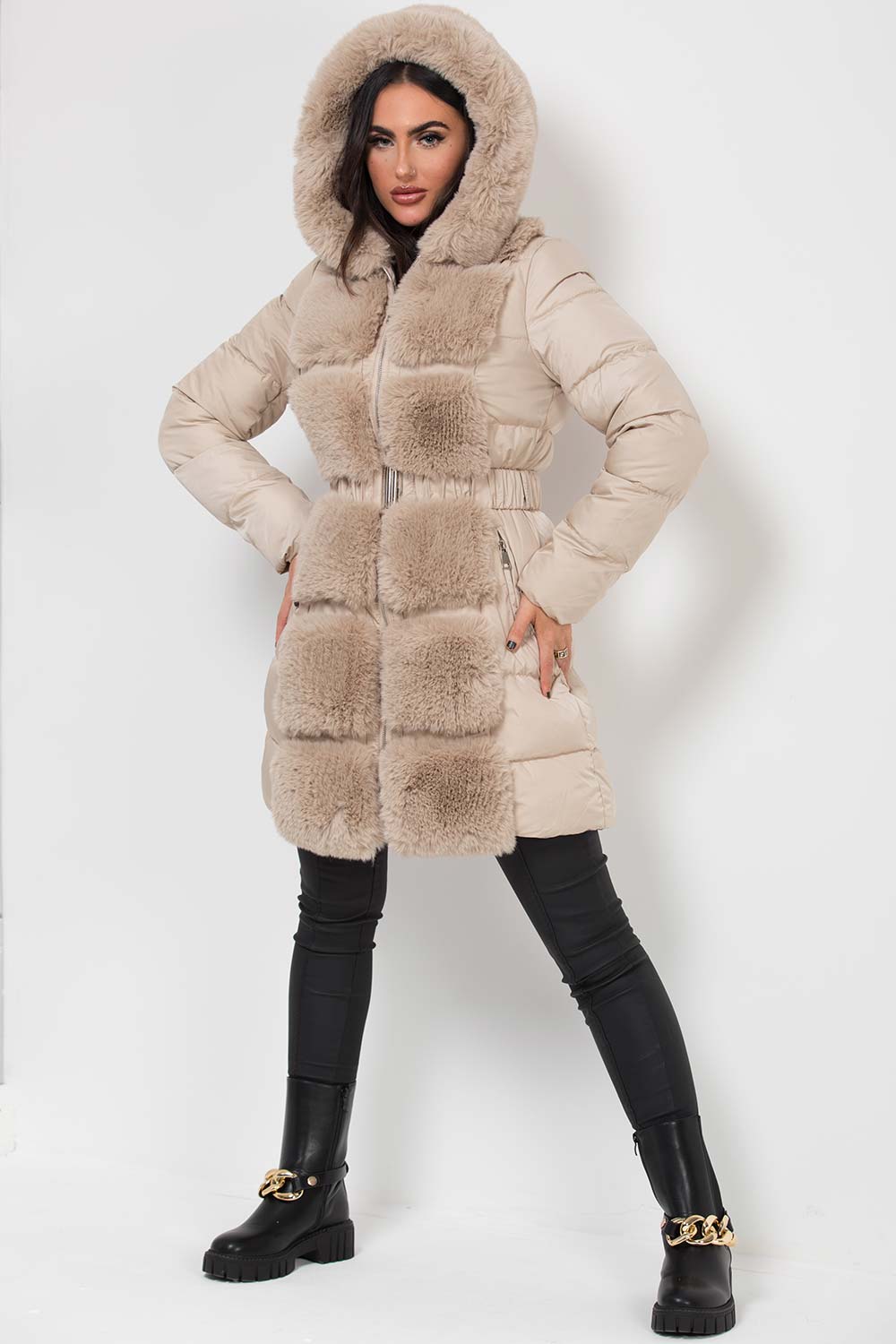 Long Puffer Coat With Faux Fur Hood And Trim Beige