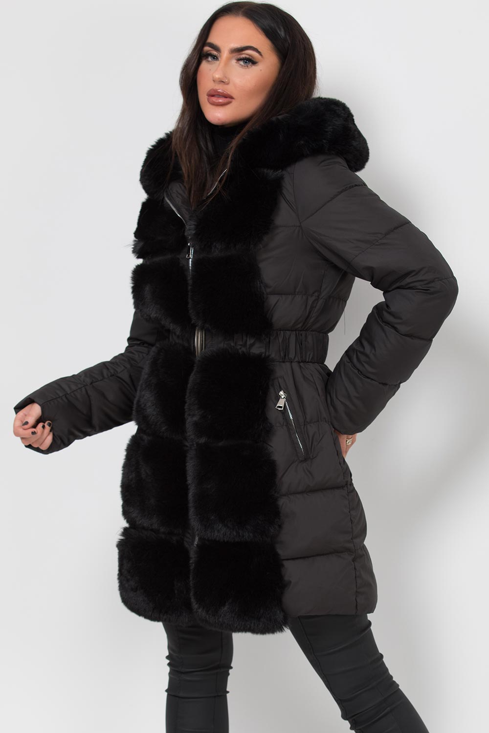 Long Puffer Coat With Faux Fur Hood And Trim Black