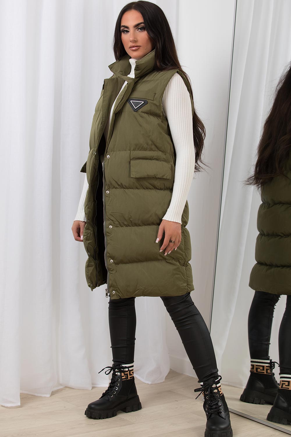 Khaki Long Puffer Gilet With Lapel Collar & Belt