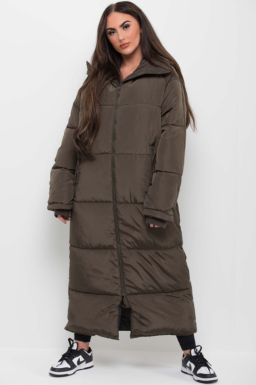 Khaki Long Puffer Padded Coat With Hood