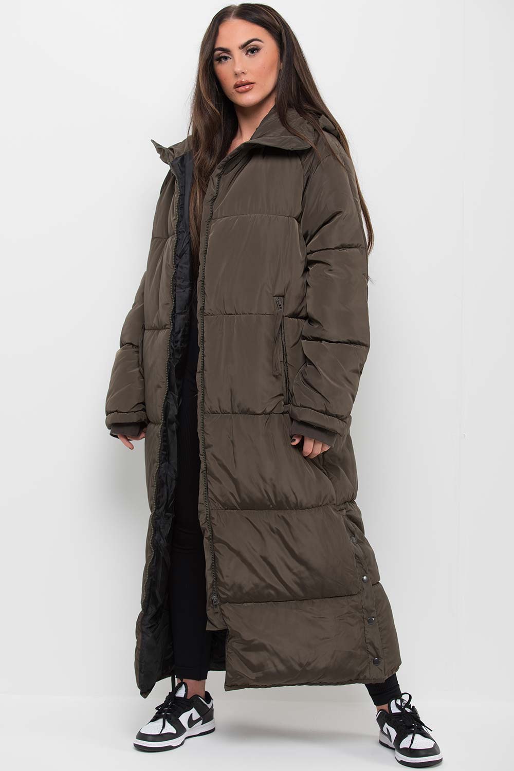 Khaki Long Puffer Padded Coat With Hood