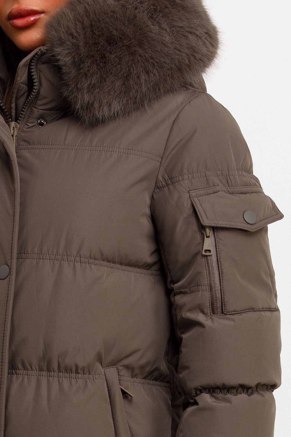 Long Puffer Coat With Fur Hood Khaki