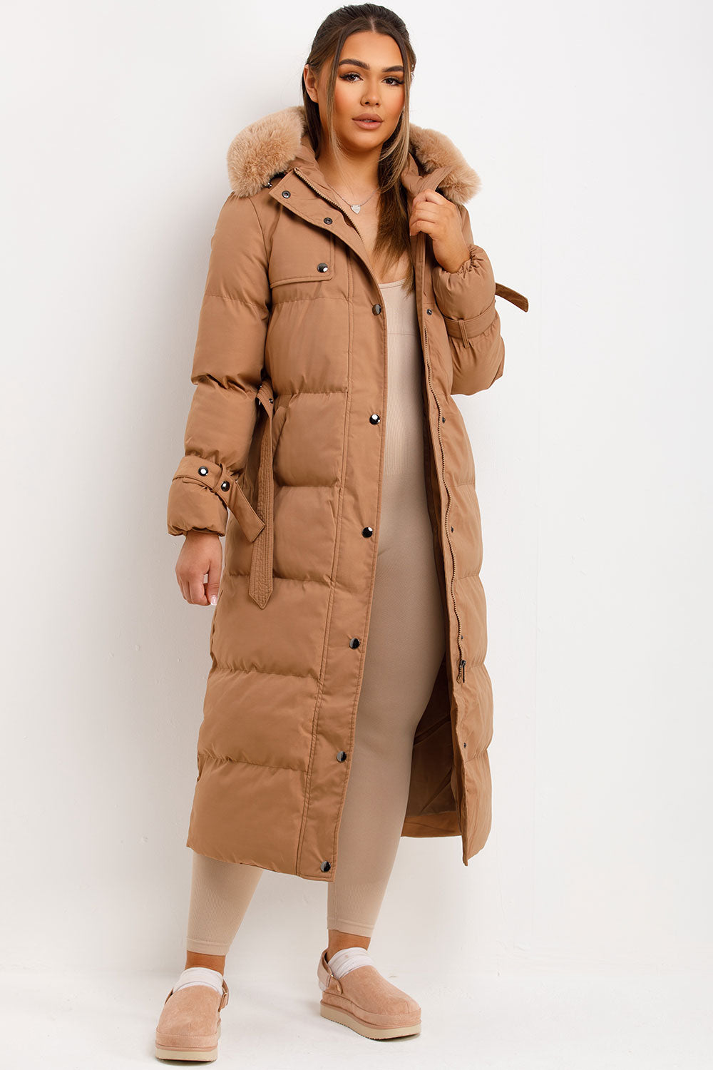 Long Puffer Trench Coat With Belt And Faux Fur Hood Camel