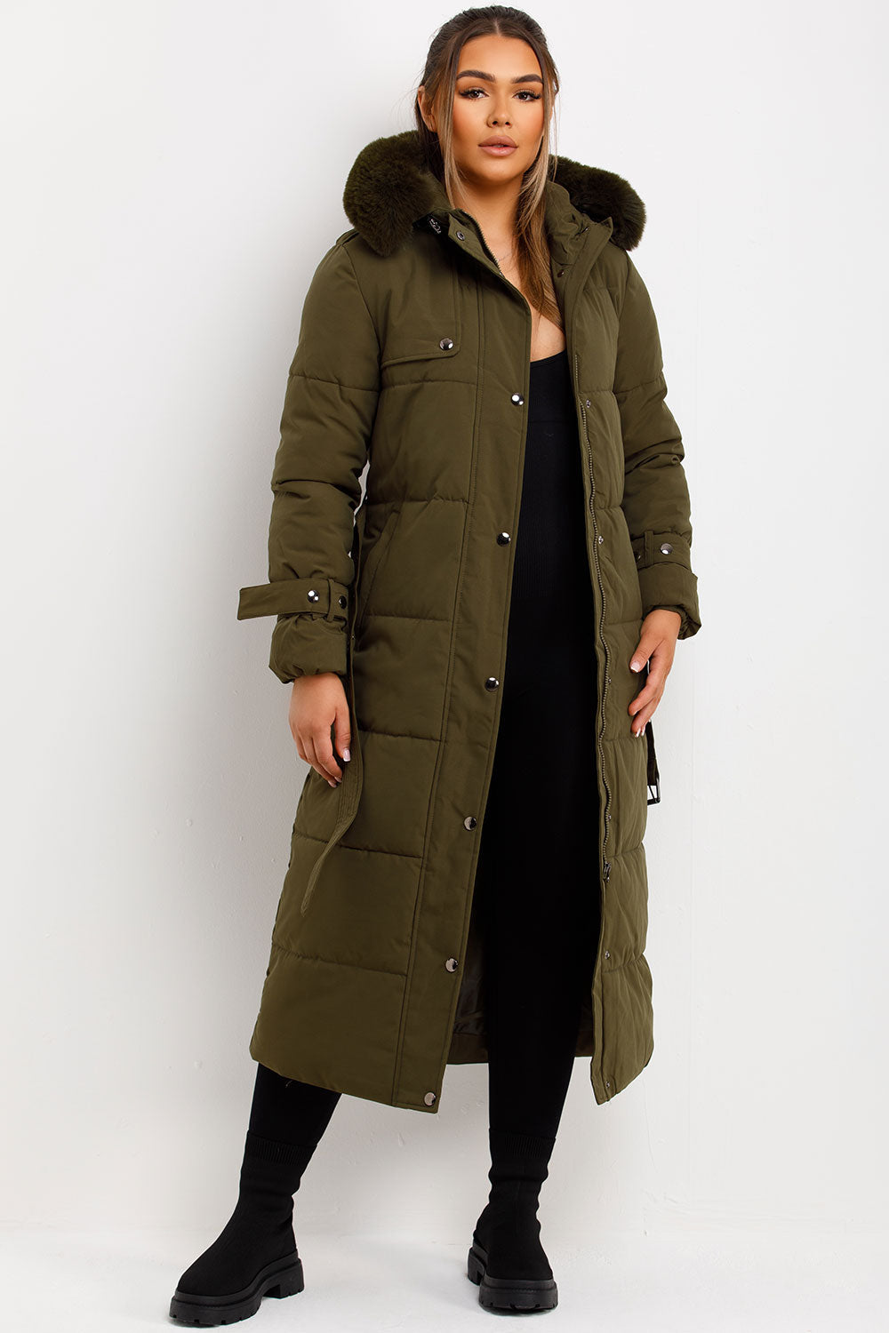 Long Puffer Trench Coat With Belt And Faux Fur Hood Khaki