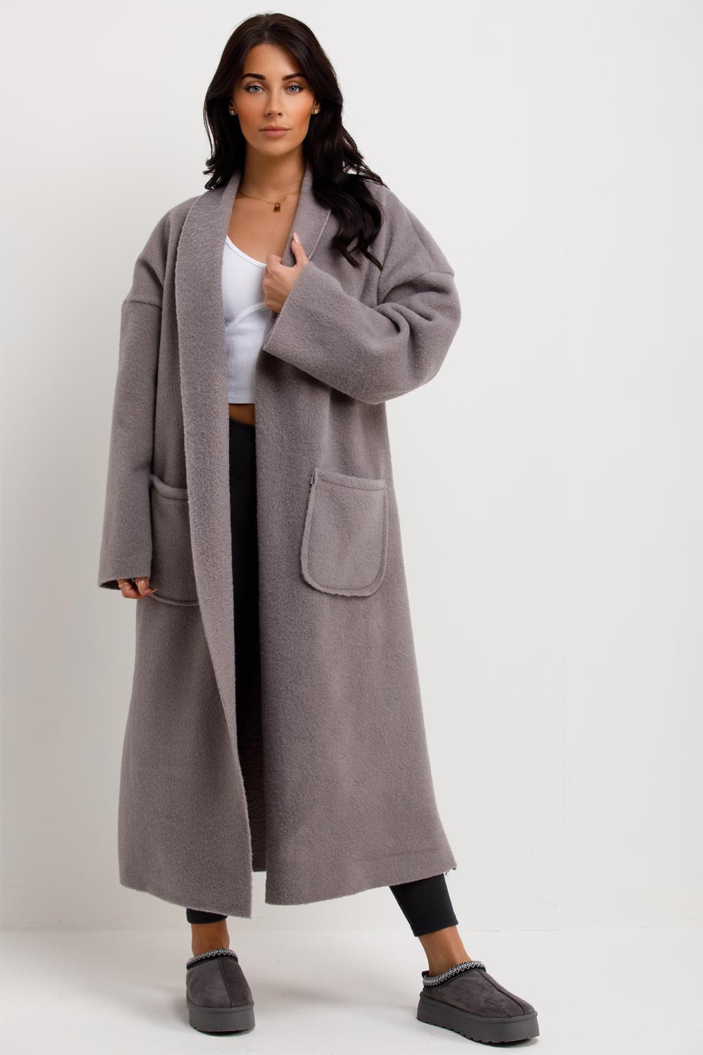 Longline Oversized Wool Look Coat With Pockets Grey