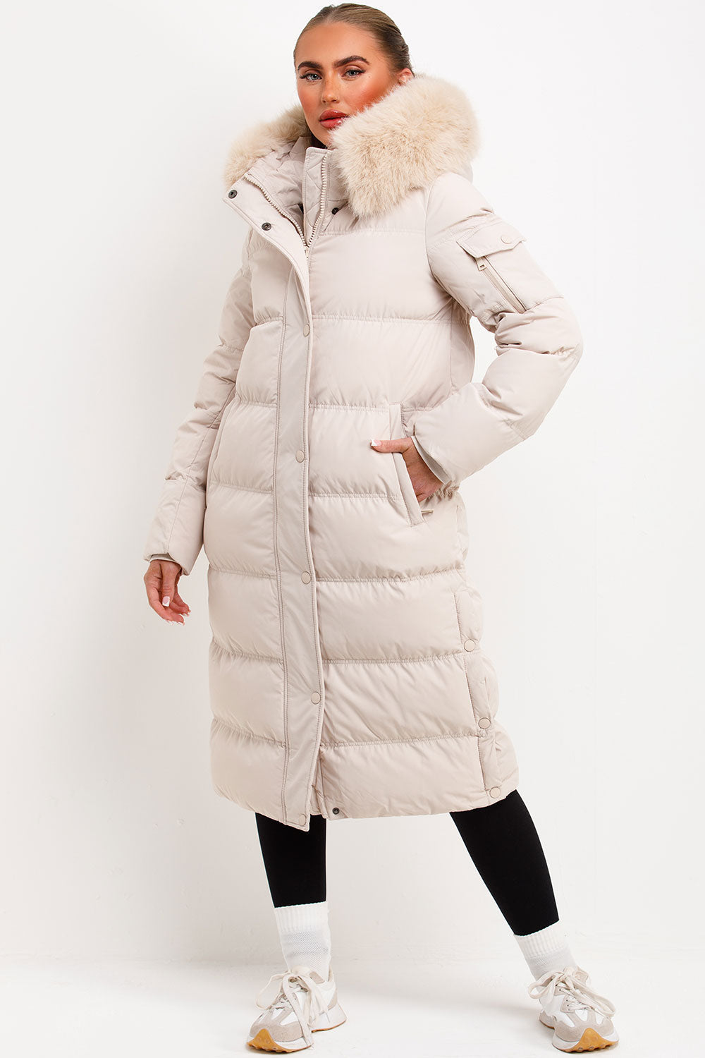 Long Puffer Coat With Fur Hood Beige