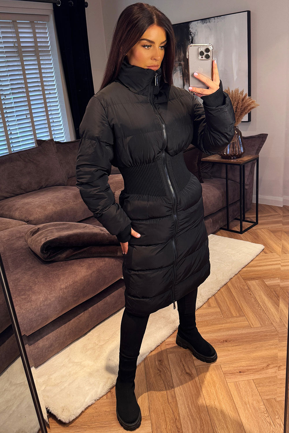 Puffer Padded Winter Coat With Contour Structured Detail Black