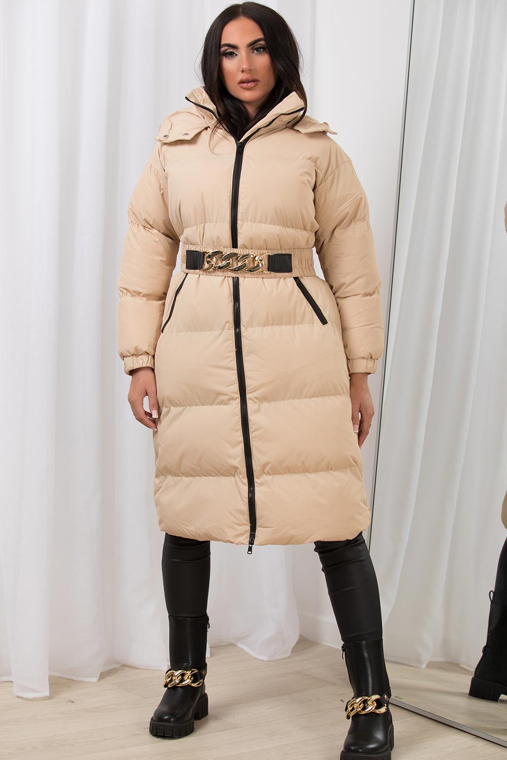 Long Puffer Padded Coat With Gold Chain Belt Beige