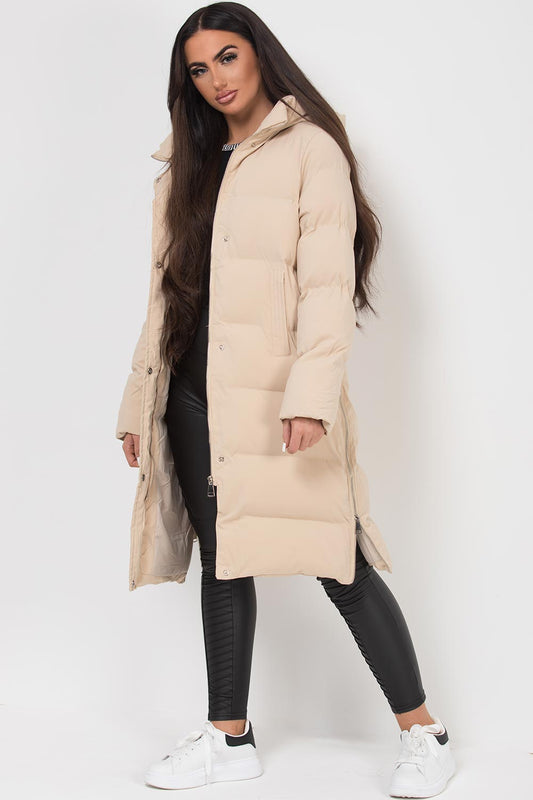 Long Puffer Coat With Side Zip Beige