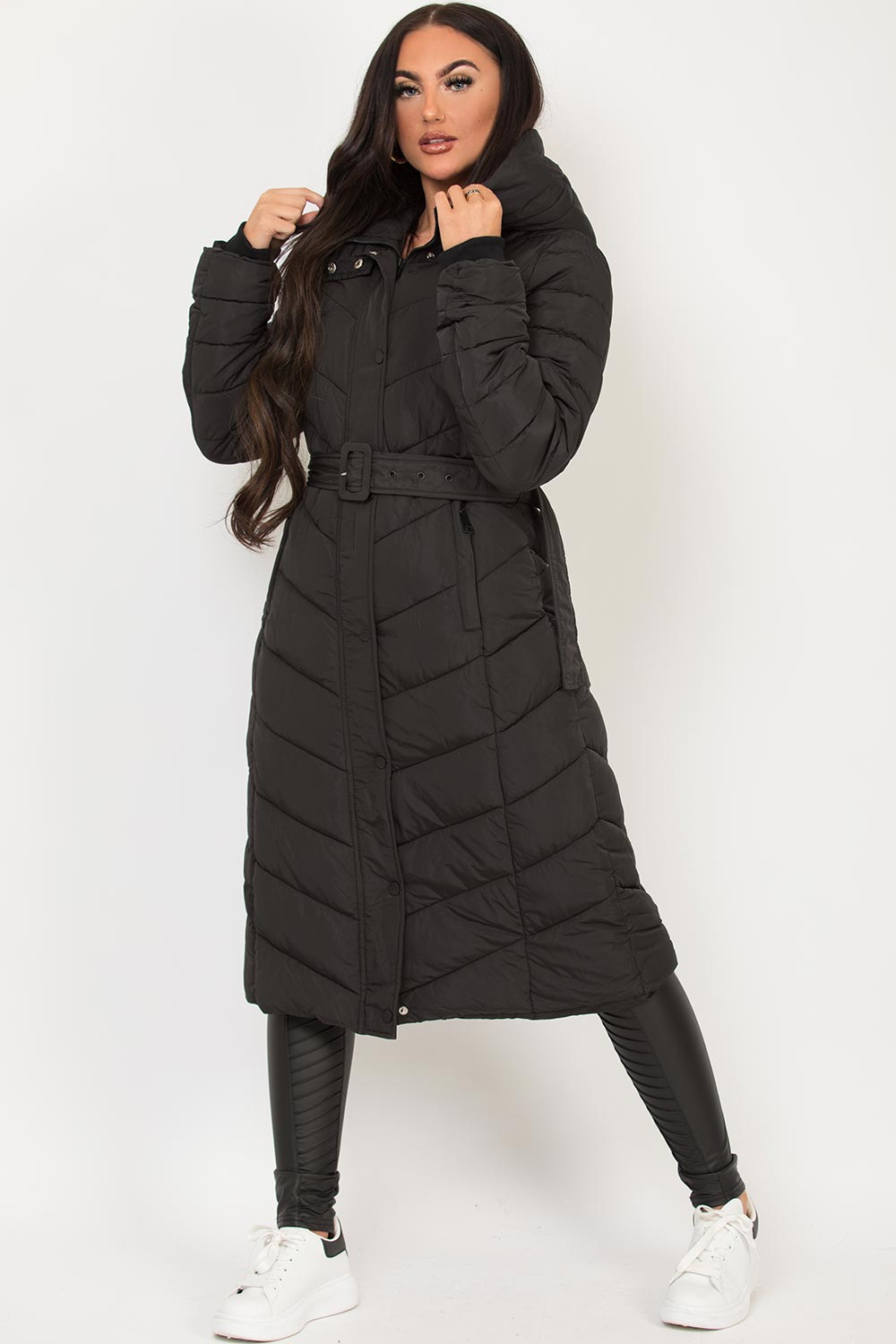 Long Padded Puffer Coat With Belt Black