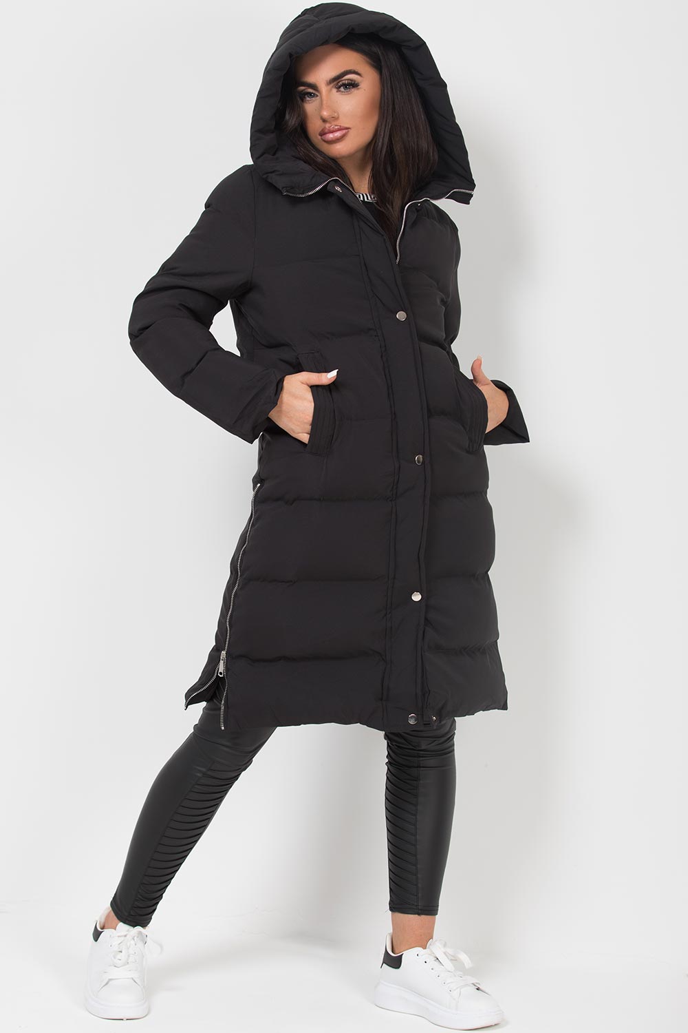 Long Puffer Coat With Side Zip Black