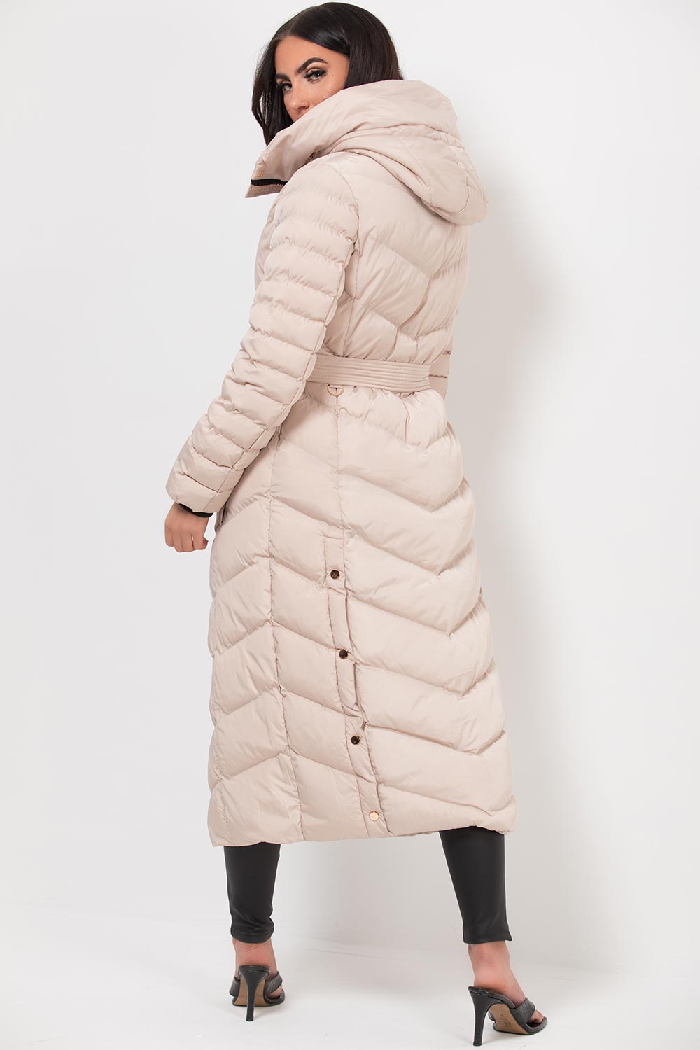 Long Puffer Down Coat With Belt Beige