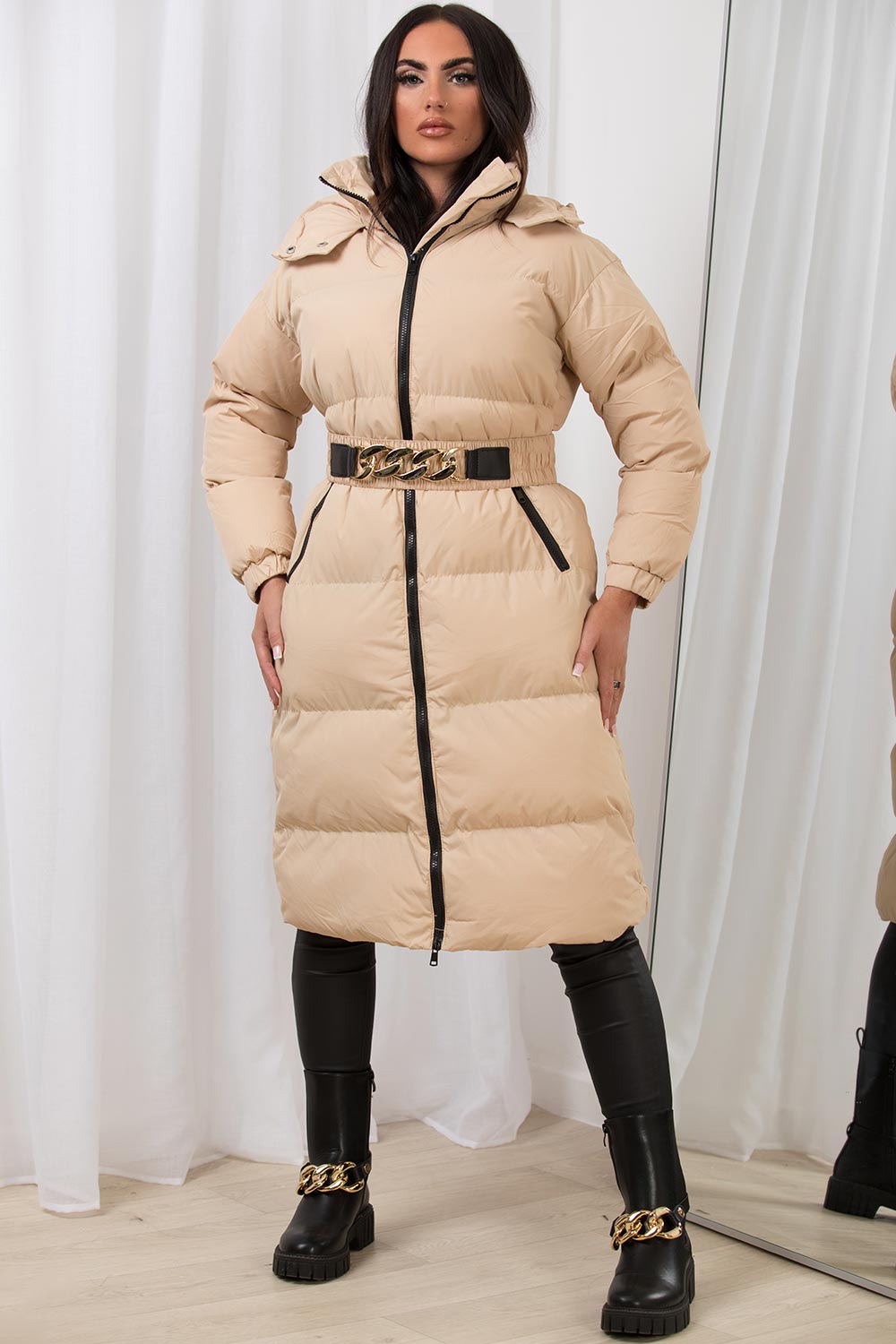 Long Puffer Padded Coat With Gold Chain Belt Beige