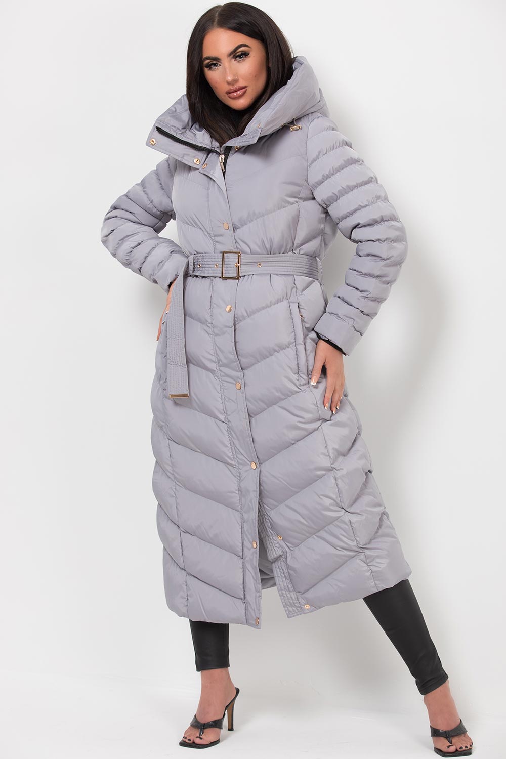 Long Puffer Down Coat With Belt Grey